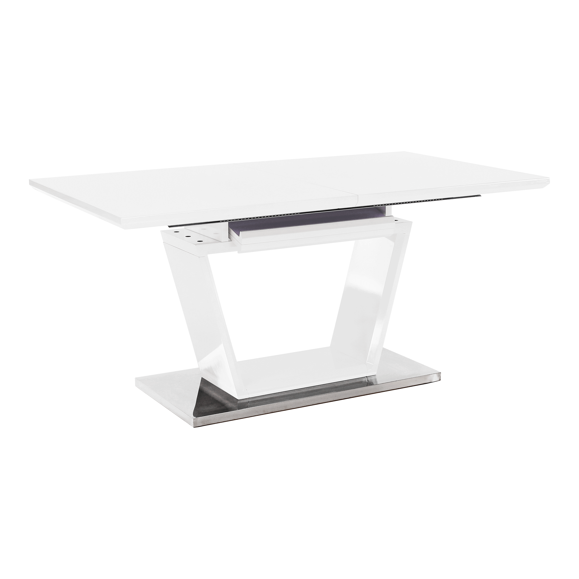 Jedálenský stôl, rozkladací, biela extra vysoký lesk/oceľ, 160-220x90 cm, PERAK - Tempo nábytek